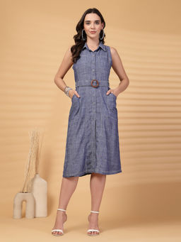 Gipsy - Indigo Cotton A Line Knee Length Dress with Belt (Set of 2)