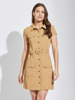 Latin Quarters - Women Beige Cap Sleeves Solid Casual Mini Dress