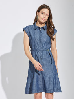 Latin Quarters - Women Blue Cap Sleeves Solid Casual Mini Dress