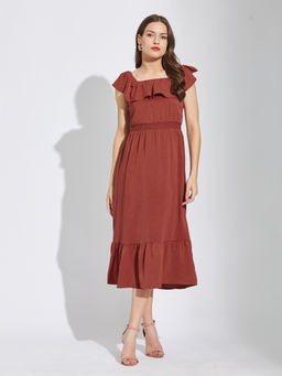 Latin Quarters - Women Rust Cap Sleeves Solid Casual Midi Dress