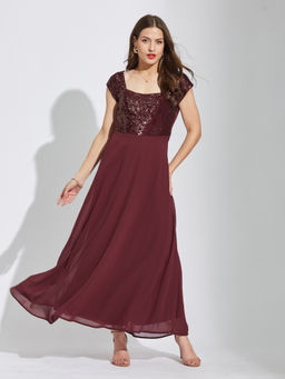 Latin Quarters - Women Maroon Cap Sleeves Solid Party Maxi Dress