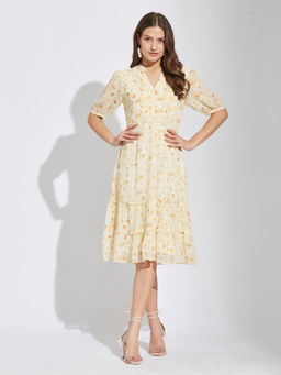 Latin Quarters - Women Orange Half Sleeves Printed Casual Knee Length Dress