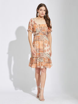 Latin Quarters - Women Orange Half Sleeves Printed Casual Knee Length Dress