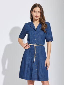 Latin Quarters - Women Blue Half Sleeves Solid Casual Mini Dress with Belt (Set of 2)