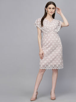 Gipsy - Cream Self Design Knee Length Dress