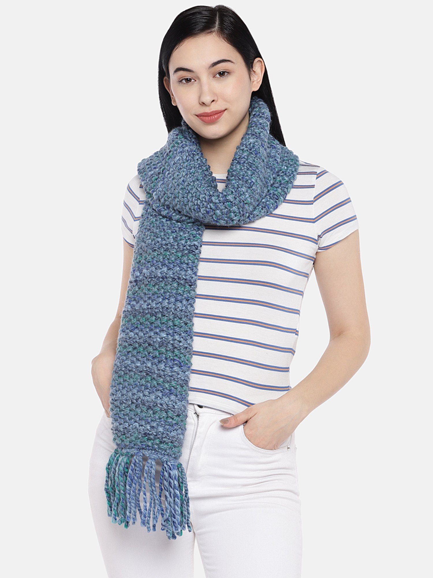 magic needles Women Blue Self Design Handmade Seed Stitch Thick Shaded Scarf-picture-38