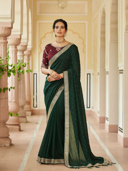 Odette - Festive Designer Dark Green Saree with Unstitched Blouse