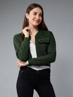 DOLCE CRUDO - Womens Green Stand Collar Full Sleeves Cotton Boxy Bomber Cropped Jacket