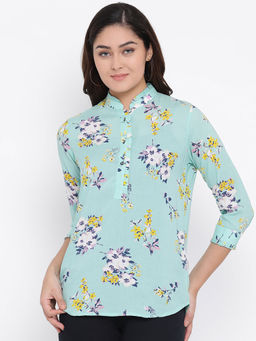 CRIMSOUNE CLUB - Green Printed Mandarin Collar Slim Fit Tops