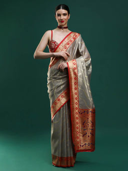 Sarha - Women Grey Woven Banarasi Saree with Unstitched Blouse