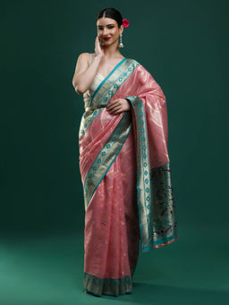 Sarha - Women Pink Woven Banarasi Saree with Unstitched Blouse