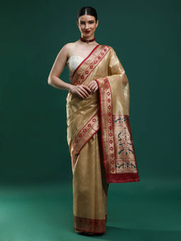 Sarha - Women Beige Woven Banarasi Saree with Unstitched Blouse