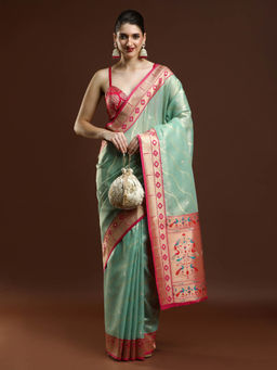 Sarha - Women Blue Woven Banarasi Saree with Unstitched Blouse