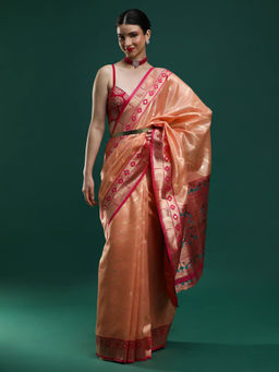 Sarha - Women Orange Woven Banarasi Saree with Unstitched Blouse