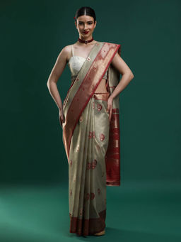 Sarha - Women Grey Woven Banarasi Saree with Unstitched Blouse