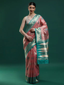 Sarha - Women Pink Woven Banarasi Saree with Unstitched Blouse