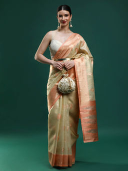 Sarha - Women Beige Woven Banarasi Saree with Unstitched Blouse