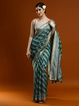 Sarha - Women Green Woven Chanderi Saree with Unstitched Blouse