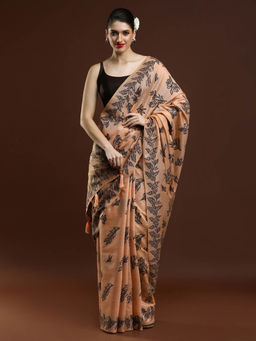 Sarha - Women Cream Printed Chanderi Saree with Unstitched Blouse