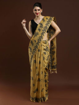 Sarha - Women Beige Printed Chanderi Saree with Unstitched Blouse