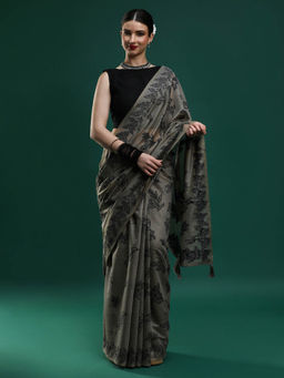 Sarha - Women Grey Printed Chanderi Saree with Unstitched Blouse