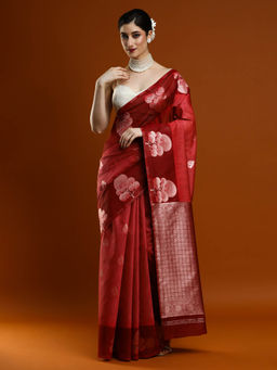 Sarha - Women Red Woven Muga Saree with Unstitched Blouse