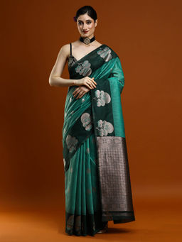 Sarha - Women Green Woven Muga Saree with Unstitched Blouse