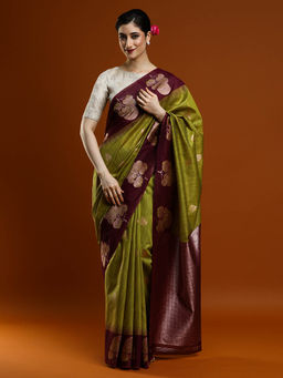 Sarha - Women Green Woven Muga Saree with Unstitched Blouse