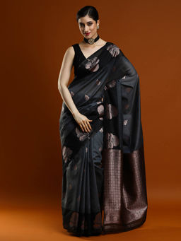 Sarha - Women Grey Woven Muga Saree with Unstitched Blouse