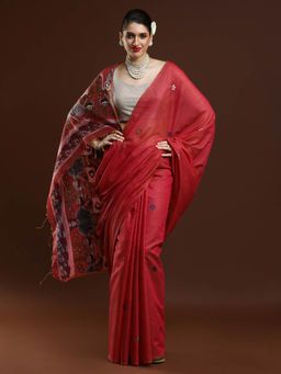 Sarha - Women Red Floral Muga Saree with Unstitched Blouse