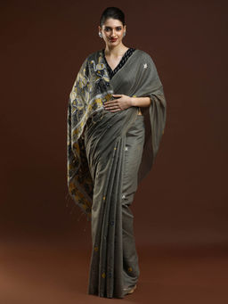 Sarha - Women Grey Floral Muga Saree with Unstitched Blouse