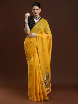 Sarha - Women Yellow Floral Muga Saree with Unstitched Blouse