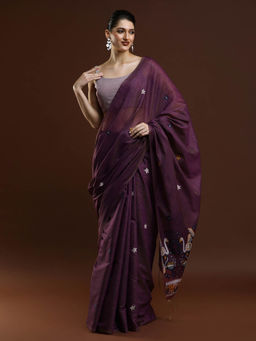 Sarha - Women Purple Floral Muga Saree with Unstitched Blouse