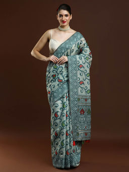 Sarha - Women Blue Printed Chanderi Saree with Unstitched Blouse