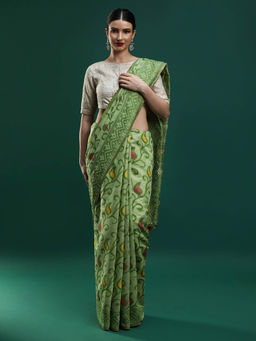 Sarha - Women Green Printed Chanderi Saree with Unstitched Blouse