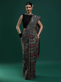 Sarha - Women Grey Printed Chanderi Saree with Unstitched Blouse
