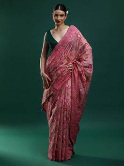 Sarha - Women Pink Printed Chanderi Saree with Unstitched Blouse