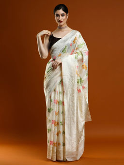 Sarha - Women Cream Woven Chanderi Saree with Unstitched Blouse