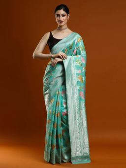 Sarha - Women Green Woven Chanderi Saree with Unstitched Blouse