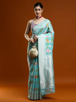 Sarha - Women Blue Woven Chanderi Saree with Unstitched Blouse