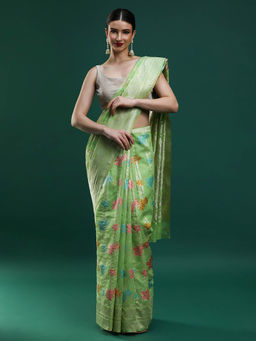 Sarha - Women Green Woven Chanderi Saree with Unstitched Blouse
