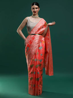 Sarha - Women Pink Woven Chanderi Saree with Unstitched Blouse