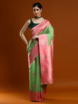 Sarha - Women Green Woven Muga Saree with Unstitched Blouse