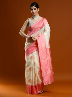 Sarha - Women Cream Woven Muga Saree with Unstitched Blouse