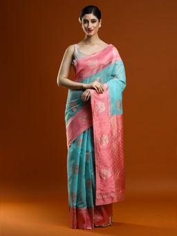 Sarha - Women Blue Woven Muga Saree with Unstitched Blouse