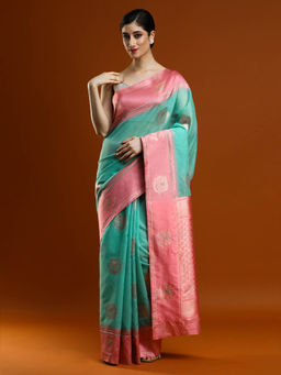 Sarha - Women Green Woven Muga Saree with Unstitched Blouse
