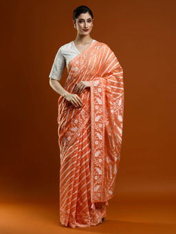 Sarha - Women Orange Woven Chanderi Saree with Unstitched Blouse