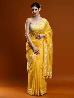 Sarha - Women Yellow Woven Muga Saree with Unstitched Blouse
