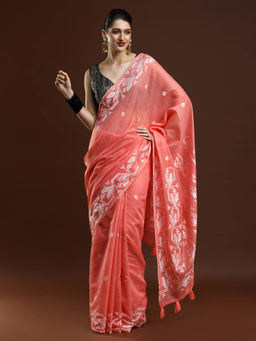 Sarha - Women Peach Woven Muga Saree with Unstitched Blouse