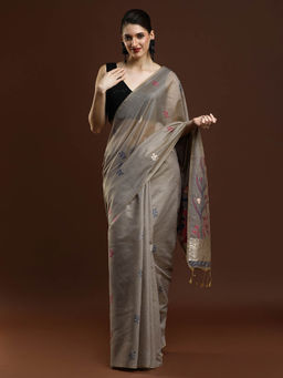 Sarha - Women Grey Woven Muga Saree with Unstitched Blouse